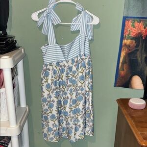 Blue and White Floral Dress with Stripes
